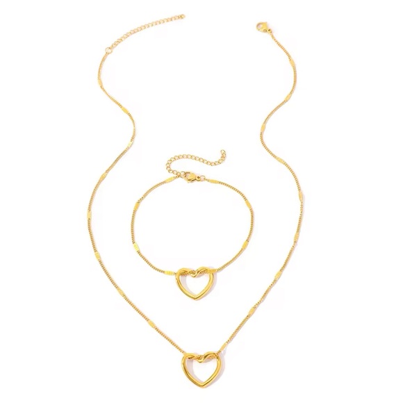 Stainless Steel Heart Necklace and Bracelet Set - Picture 1 of 3